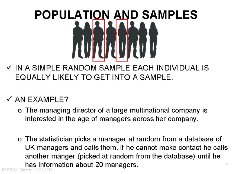 STAT6202 Chapter 1 2012/2013 4 POPULATION AND SAMPLES IN A SIMPLE RANDOM SAMPLE EACH